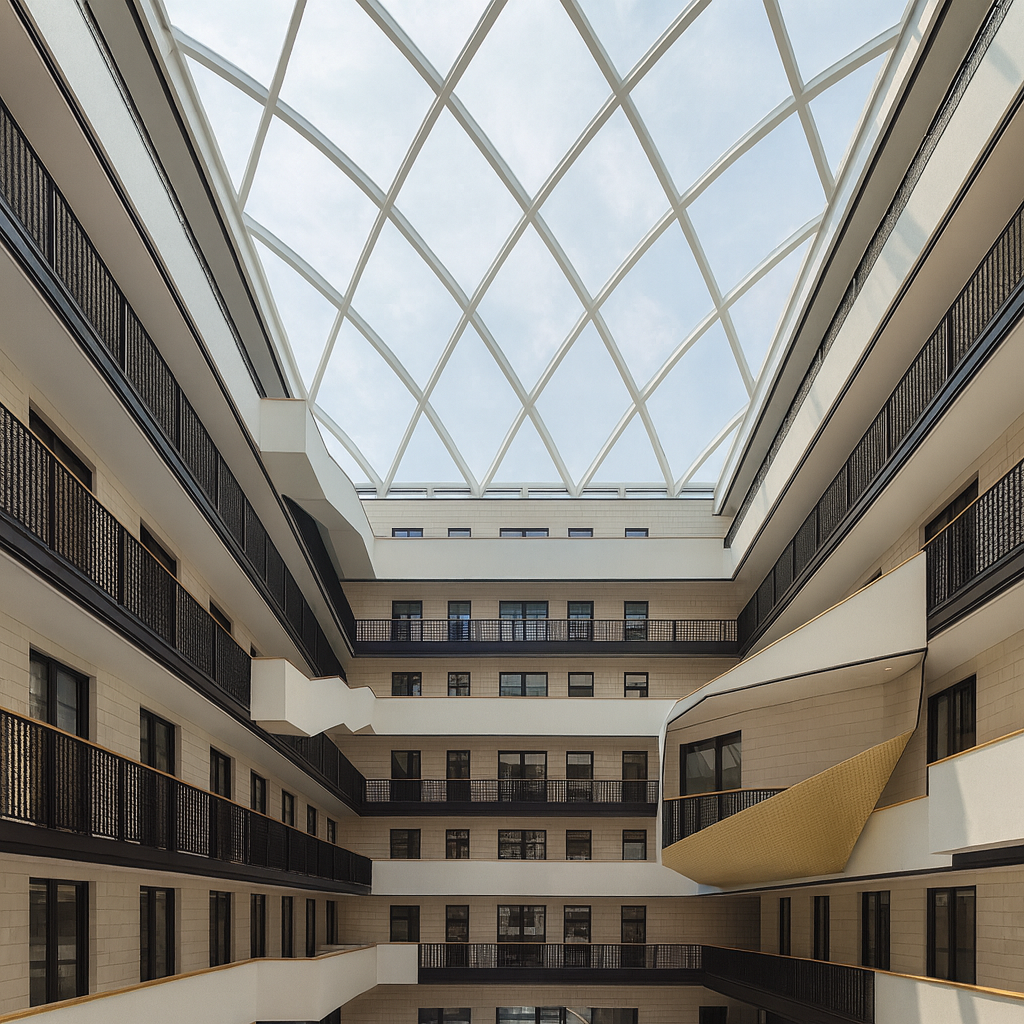 AI-generated image of the ETFE roof at Zeise Studios in Hamburg, designed by Vector Foiltec (now Lightspan).