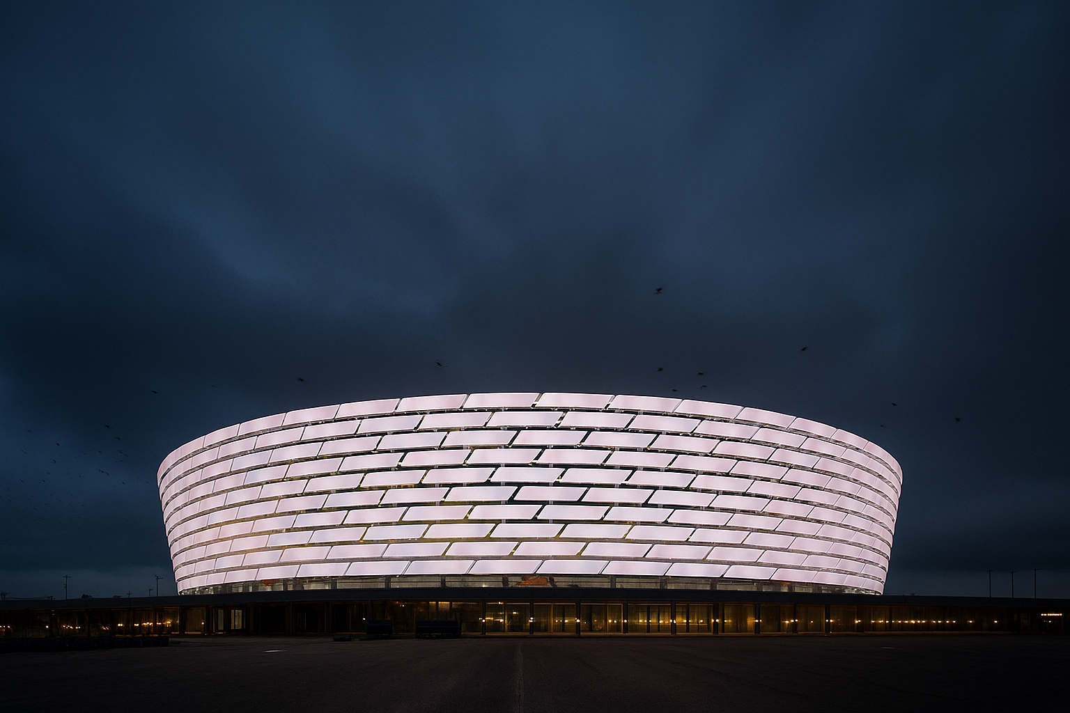 AI-generated image of the Baku Olympic Stadium at night, brightly illuminated with modern LED lighting, surrounded by the city skyline.