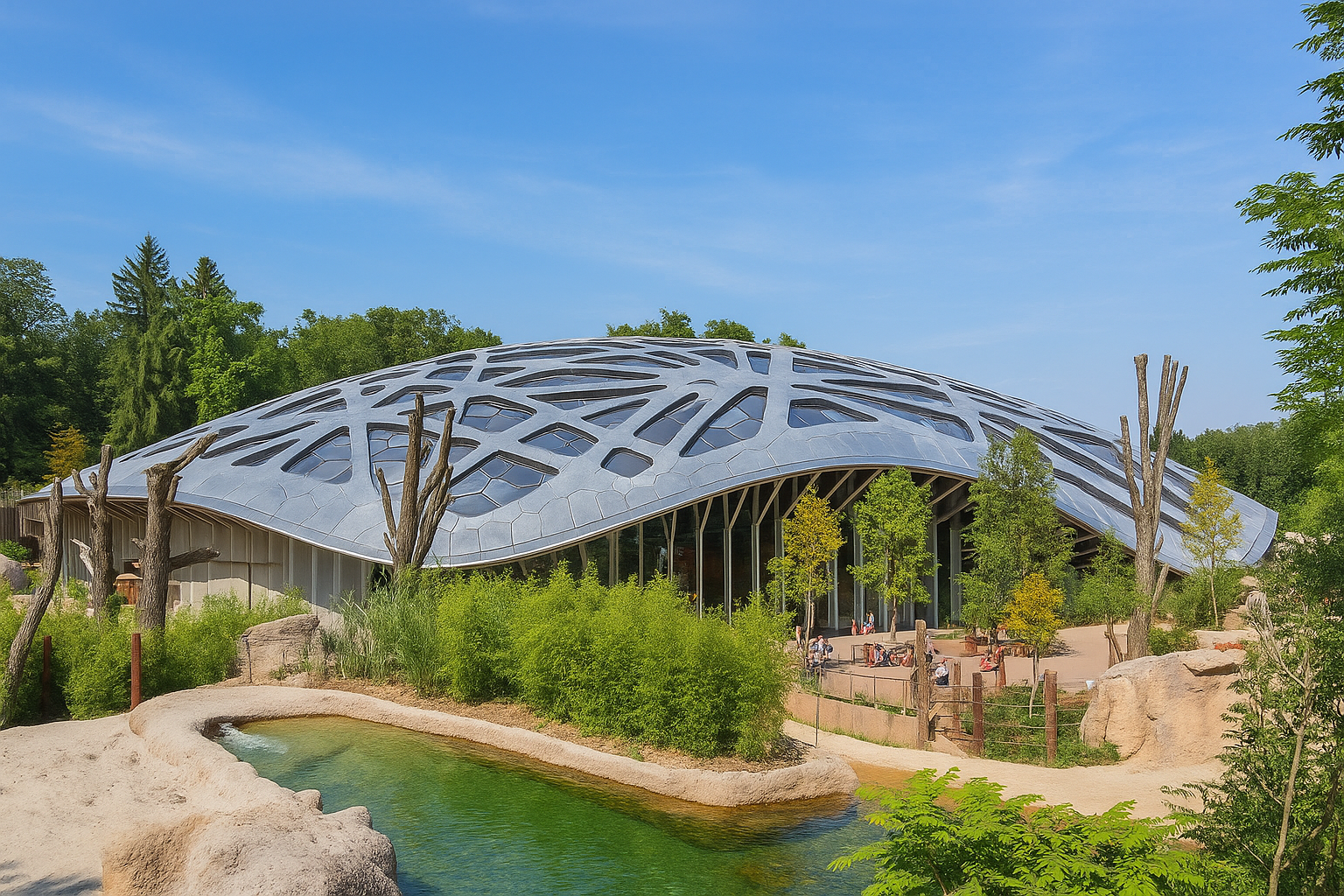 AI-generated image of the Elephant House at Zoo Zürich during the day, showing elephants outdoors in their enclosure.