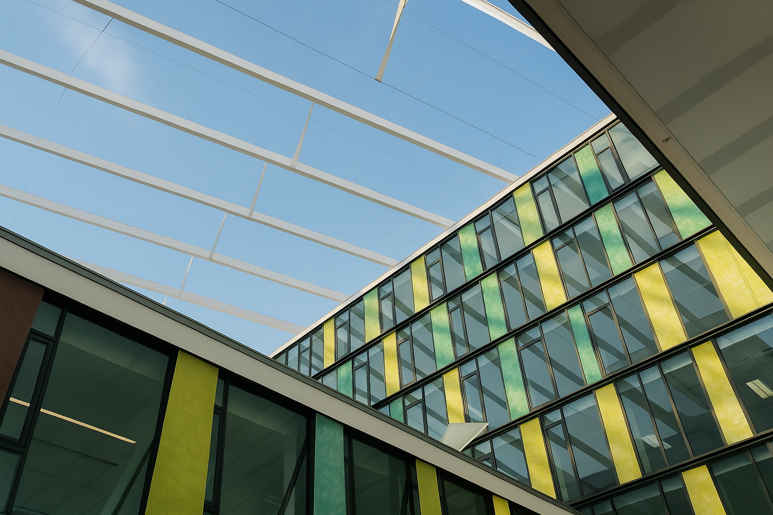 AI-generated image of the glass and ETFE roof structure of the Amazon Court in Prague, designed by Vector Foiltec (now Lightspan)