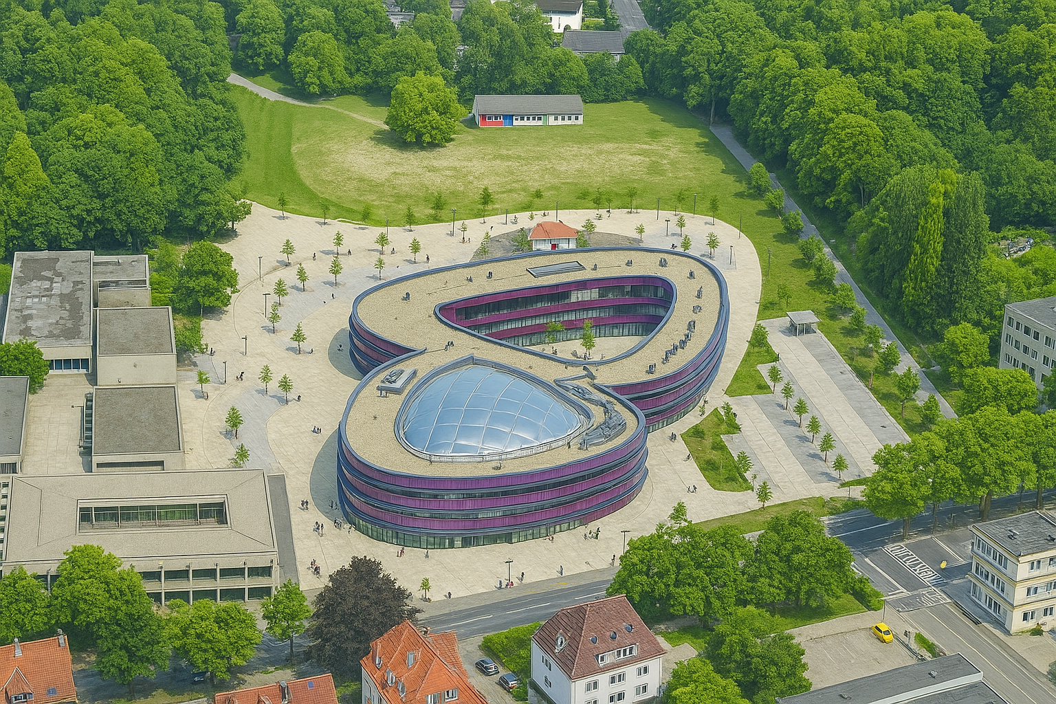 AI-generated image of the ETFE roof at the New Gymnasium Bochum, designed by Vector Foiltec (now Lightspan).