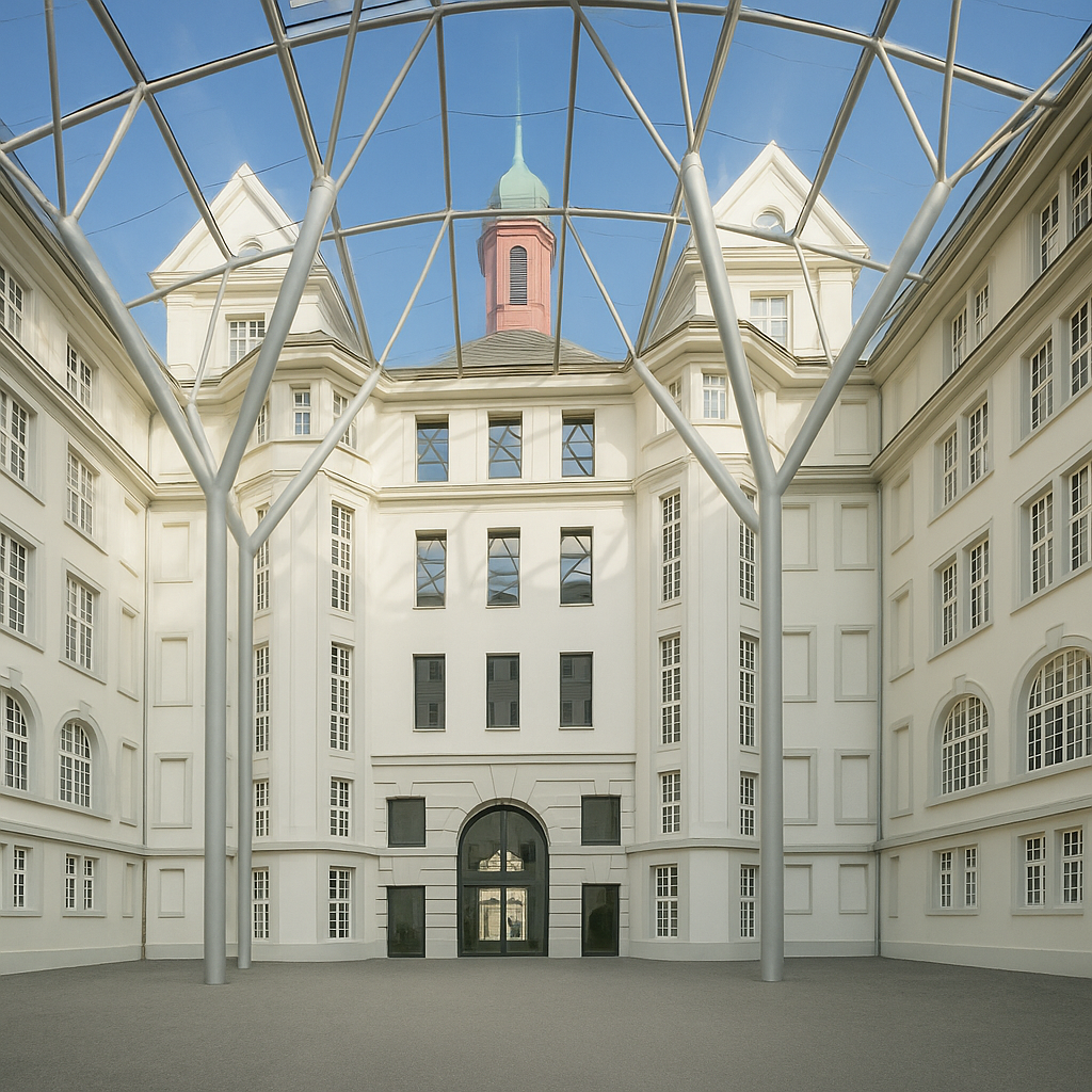 AI-generated image of the ETFE roof at the Herder Building Atrium in Freiburg, designed by Vector Foiltec (now Lightspan).