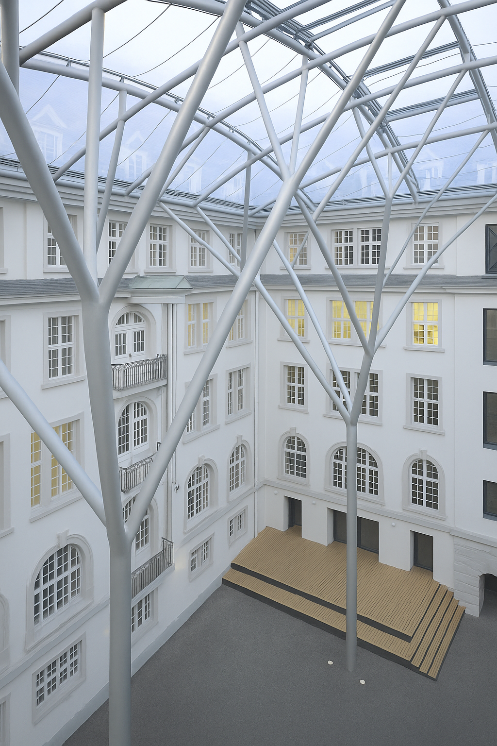 AI-generated image of the ETFE roof at the Herder Building Atrium in Freiburg, designed by Vector Foiltec (now Lightspan).