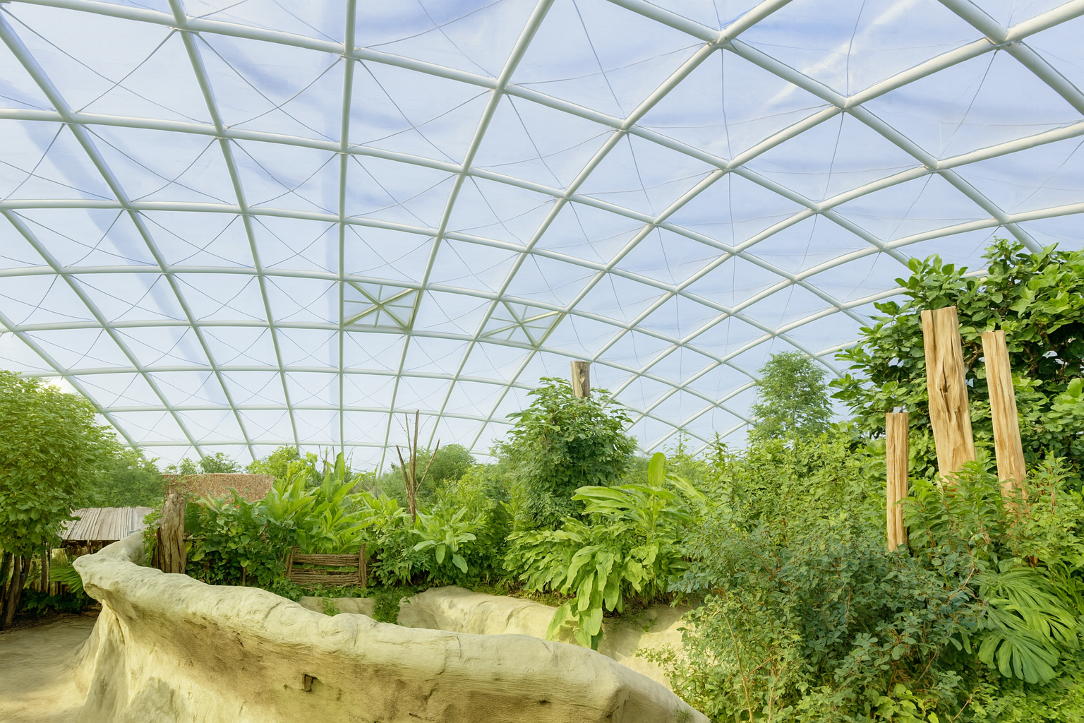Leipzig Zoo Tropical Rainforest Hall featuring a transparent Lightspan ETFE system roof, creating a bright tropical climate filled with natural light.