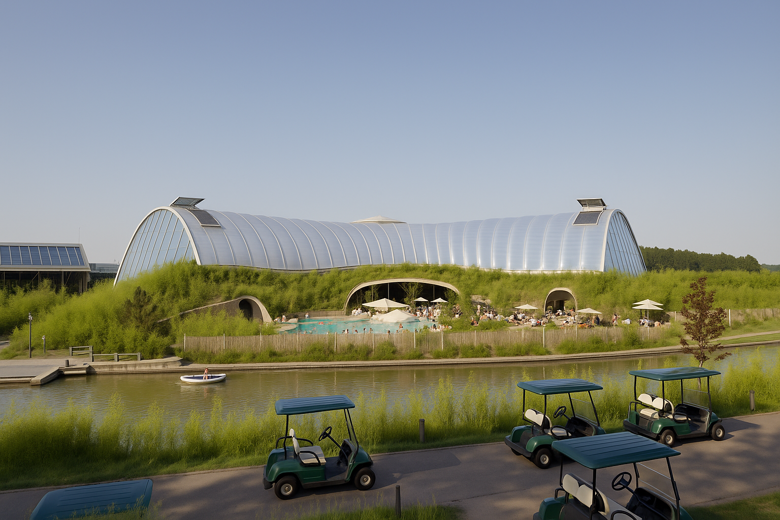 Transparent ETFE roof structure over a forested water park in a modern Center Parcs setting, showcasing a Lightspan ETFE cushion system above central pools and walkways with natural light filtering through.
